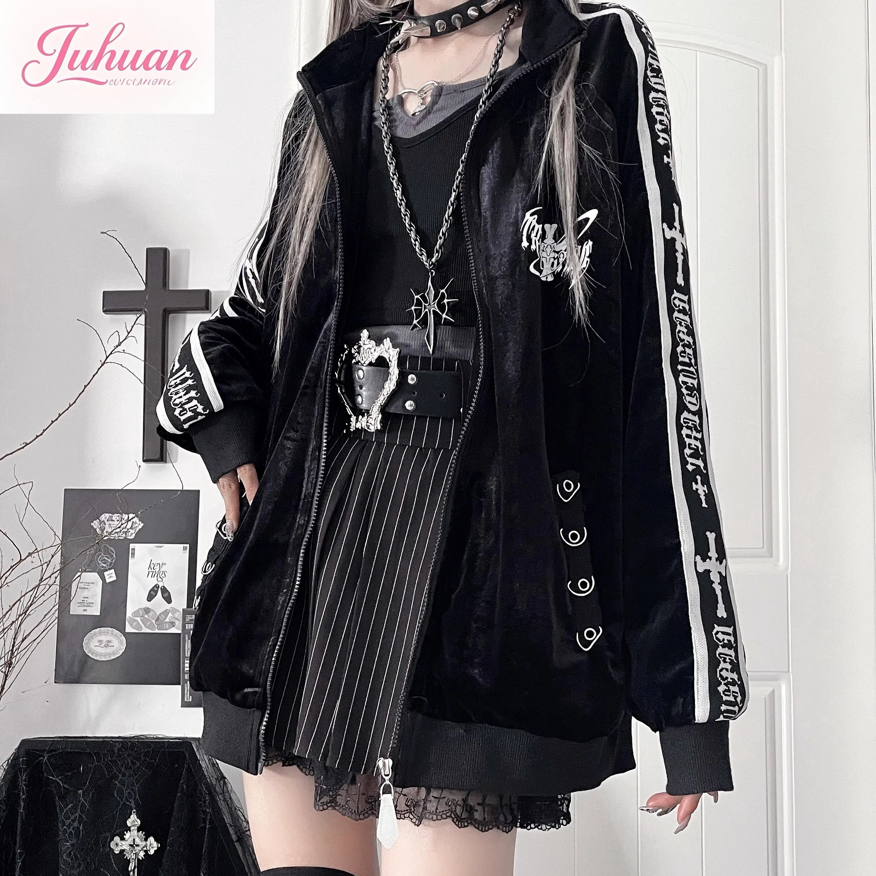 

Original Subculture Y2k Goth Velvet Printed Zipper Jacket Autumn New Street Punk Dark Loose Sports Coat Harajuku Casual Jacket