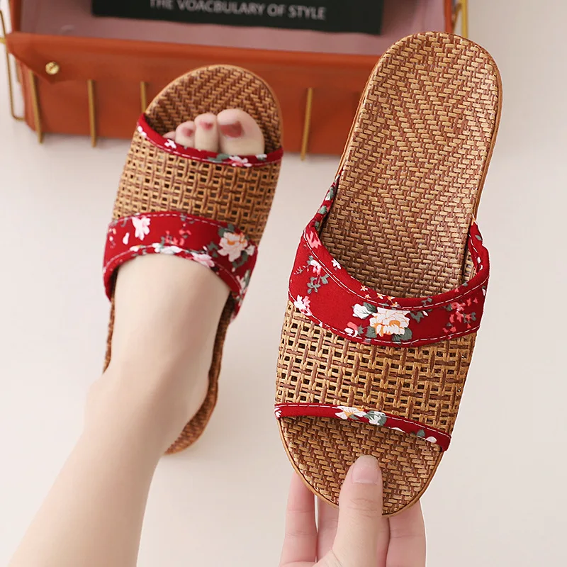 Mntrerm Linen Slippers For Women 2023 New Summer Ladies Home Shoes Female Casual Slides Floral Flax Flip-Flop Bow Sandals