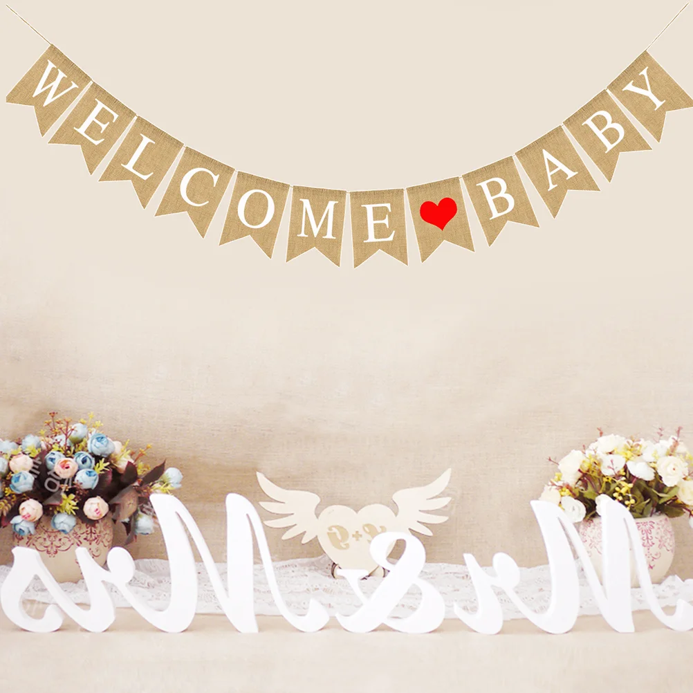 

Welcome Baby Letters Bunting Banners Love Pattern Decorative Vintage Rustic Linen Burlap Wall Banners for Home Party Reception B