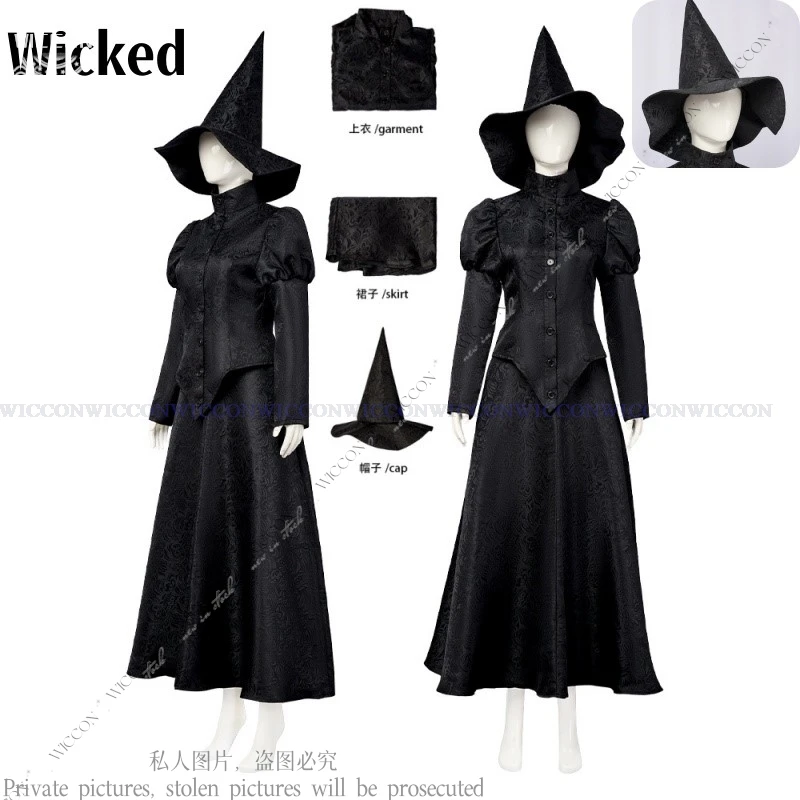 Halloween 2024 Wicked Cosplay Costume Witch Stage Costumes Female Magician Clothing And Hats New Woman Role Play Full Set