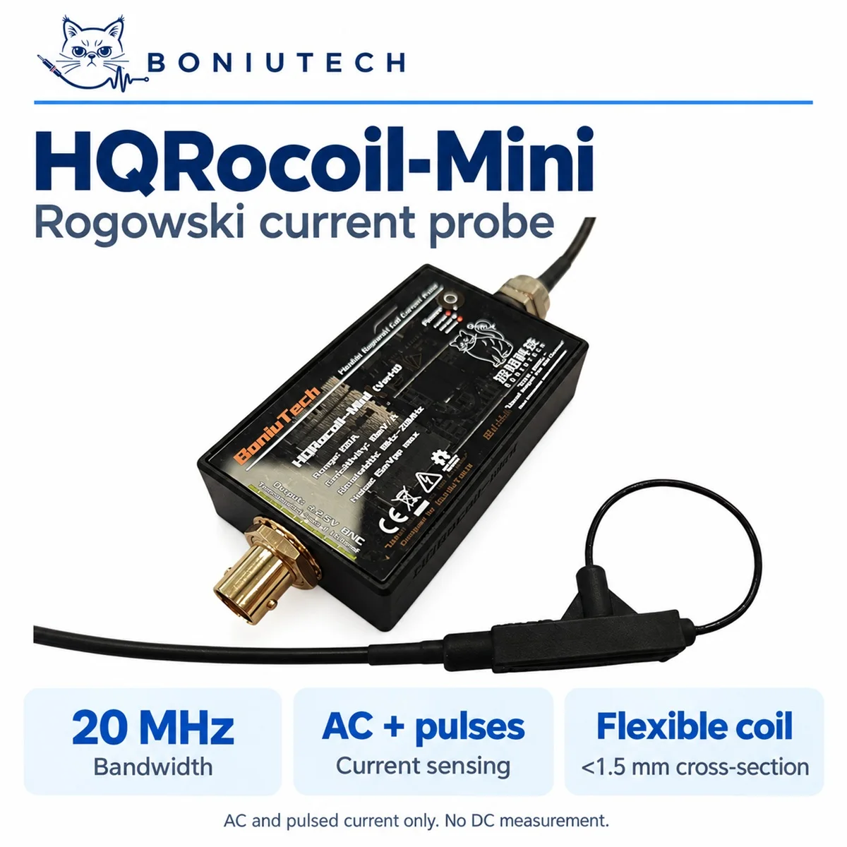 Rogowski Coil Flexible Current Probe 20MHz, High-Frequency, Ultra-thin 1.5mm Coil, Open Source, AC Current Sensor