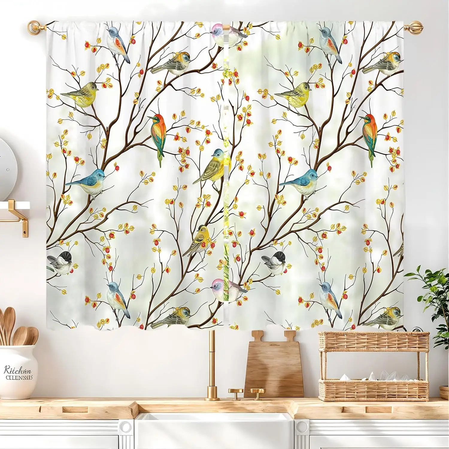 Rustic Tree Branch Hummingbird Cafe Curtains, Nature Spring Leaf 2 Panels Rod Pocket Short Tier Drapes for Kitchen Bathroom