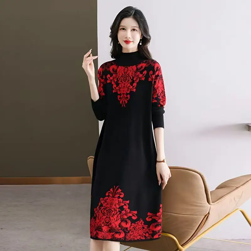 여성을 위한 한국 패션 프린트 니트 풀오버 가을 겨울 캐시미어 두꺼운 따뜻한 스웨터 드레스 2025 우아한 루즈 프로무 드레스