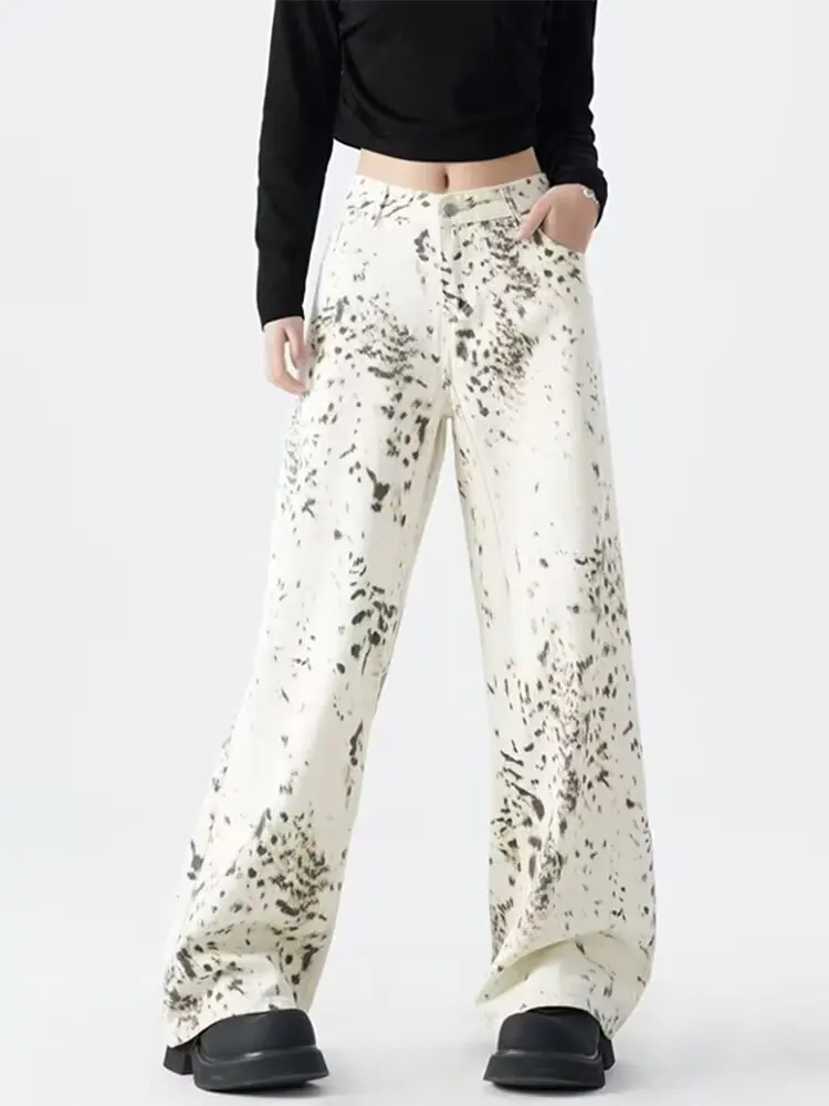 

Повседневные свободные узкие женские джинсы с высокой талией и леопардовым принтом, модные уличные женские джинсы, простые американские широкие брюки в стиле ретро