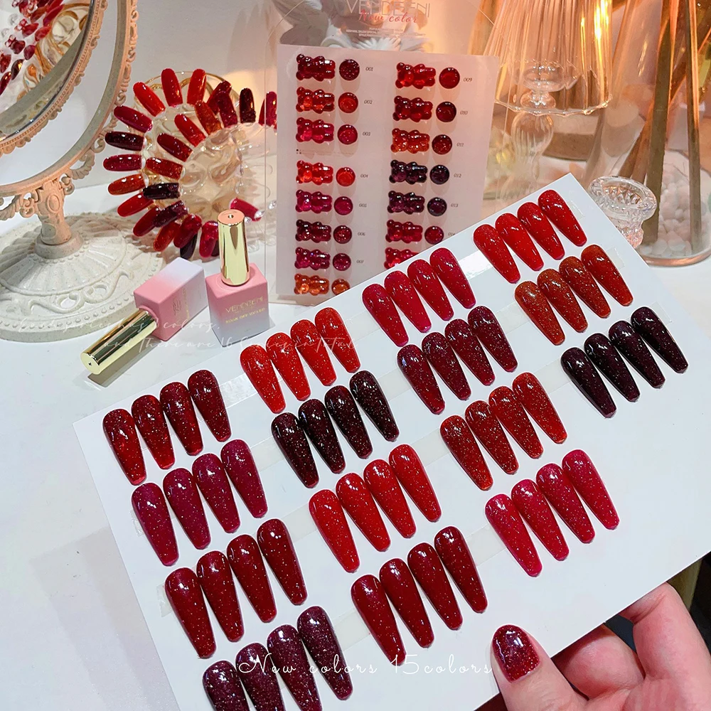 

Vendeeni 15 цветов/набор красный сломанный алмазный гель-лак для ногтей УФ-светодиодный блестящий эффект сверкающего маникюрного лака для ногтей с цветной картой