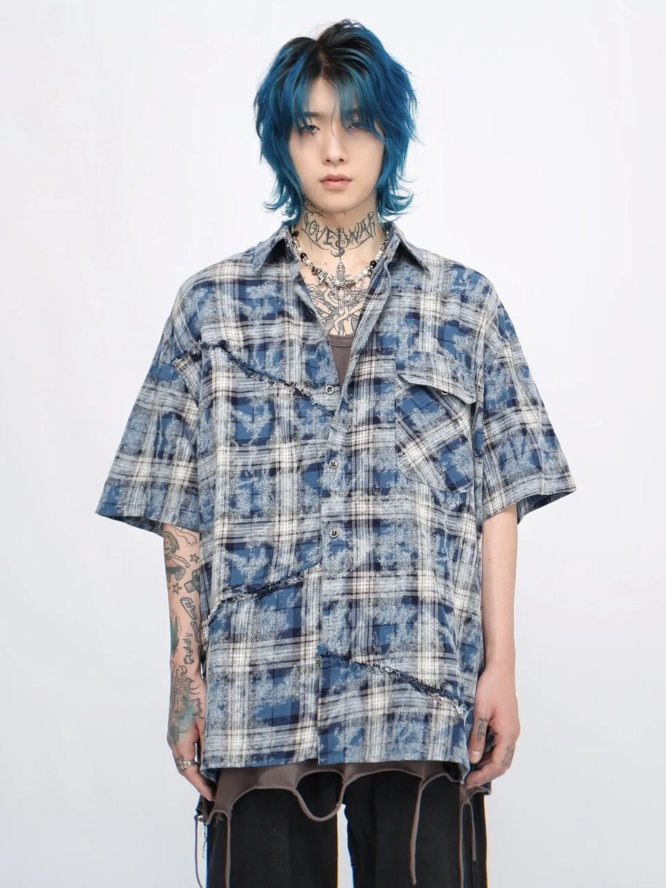 2025 Summer American High Street Tie-Dye Patchwork Blue Plaid Short Sleeve Shirt Men Single-Breasted Loose Casual Shirt