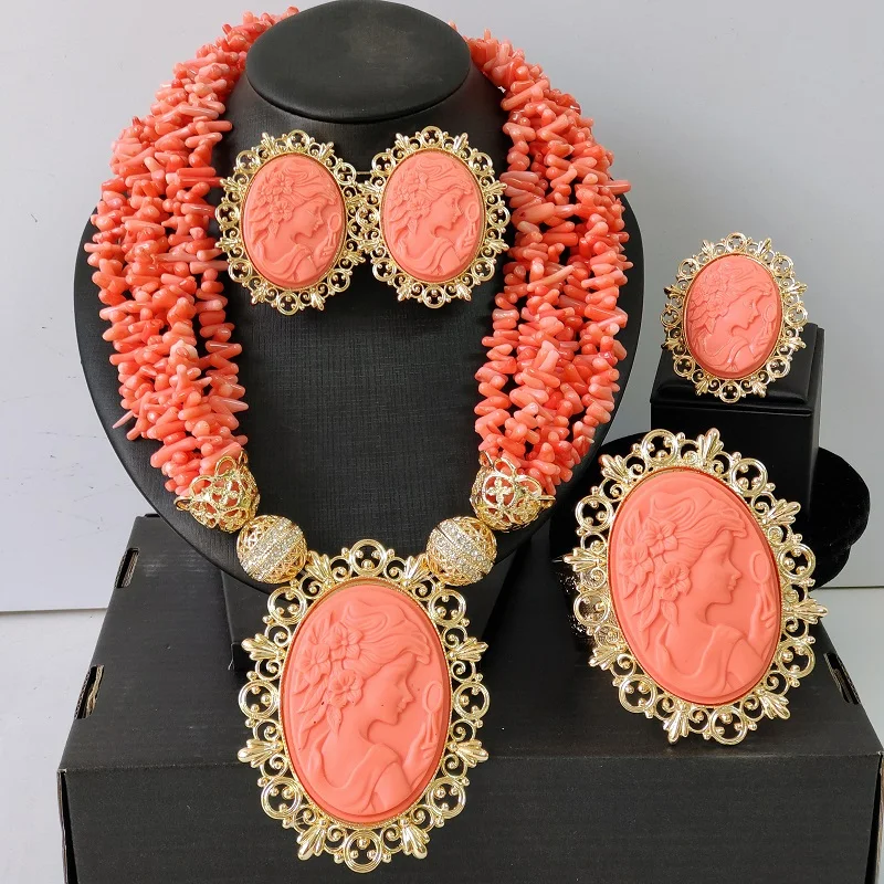 

2026 New Design Natural Coral Beads Set African Wedding Bride Beads Necklace Jewelry Set