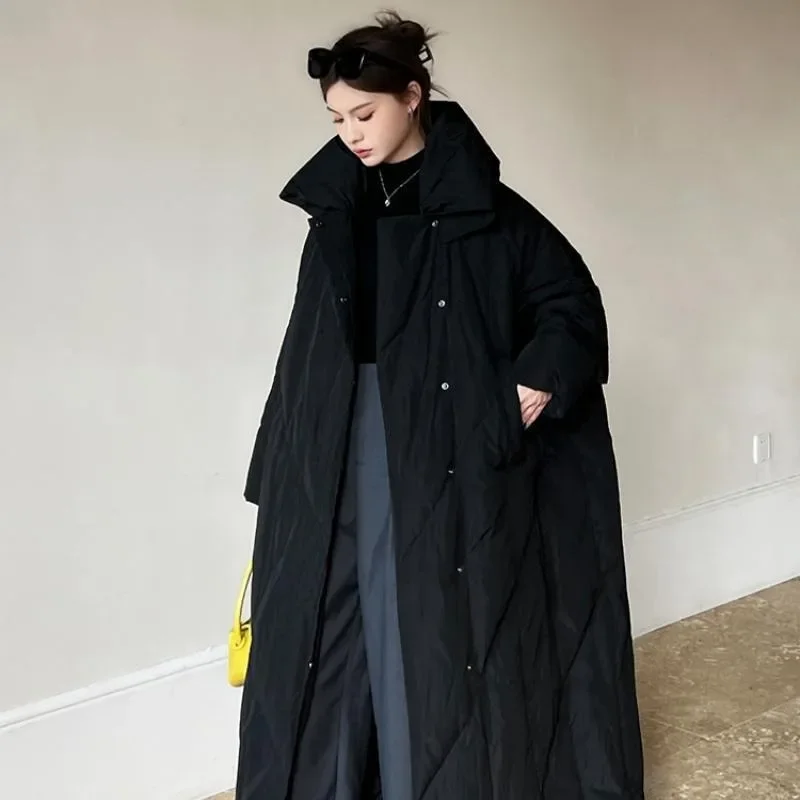 

Winter Jackets Woman Long Loose Over-the-knee Cotton-padded Jacket Fashion Lapels Single Breasted Thickened Coat Commute Black