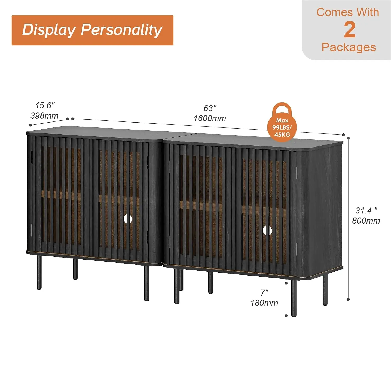 Mid Century TV Stand with Slatted Doors Adjustable Shelf Cable Management for Living Room Bedroom Fits 65 75