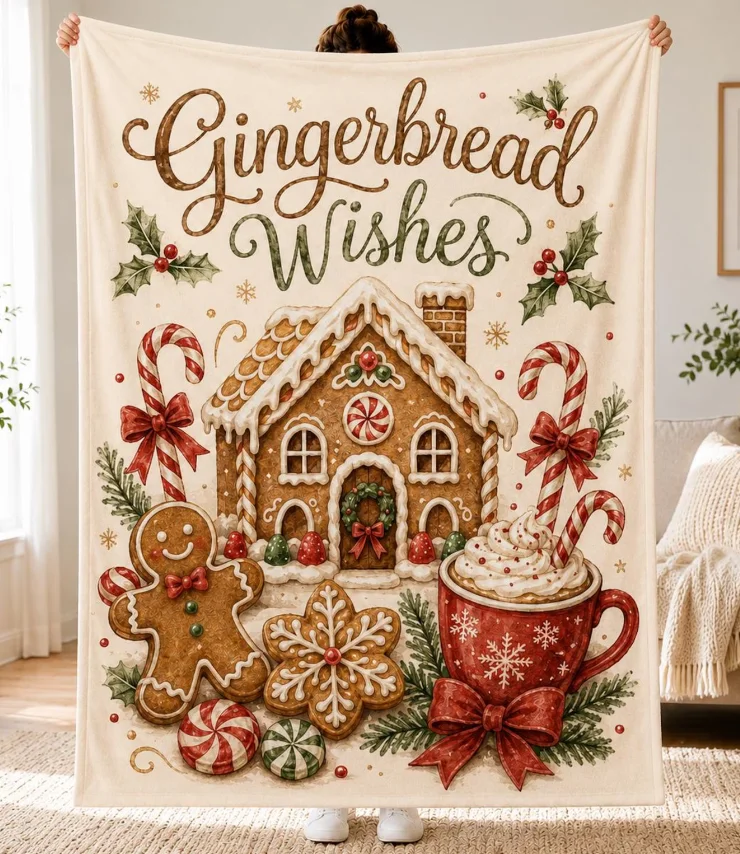 Gingerbread Wishes Christmas Blanket, Gingerbread House Throw Blanket, Christmas Blanket Blanket Cozy Christmas Decor Blanket