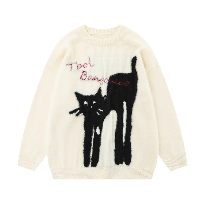 

American retro cartoon cat imitation mink sweater men's and women's autumn and winter versatile lazy wind knitted sweater
