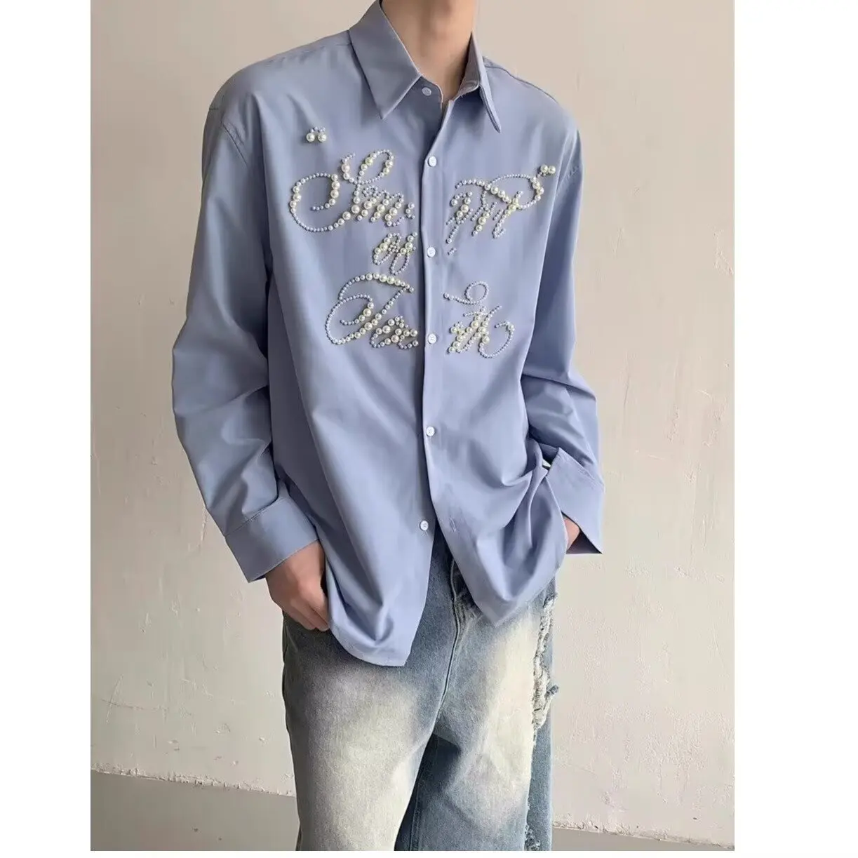 

Мужская повседневная футболка Ele Pearl Letter, свободного кроя, с длинным рукавом, синяя, из смесового хлопка и полиэстера, молодежная уличная мода