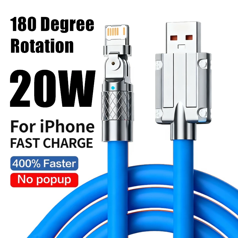 180 Degree Rotation USB Fast Charge Cable For iPhone X XR XS 11 12 13 14 Pro Max 8 Plus Phone Gaming Quick Charging Elbow Cables
