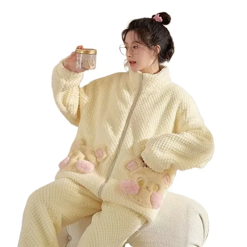 

Women's Sleepwear Winter Coral Velvet Thickened Stand Collar Zipper Ladies Sweet Home Dress Warm Can Be Worn Outside The Suit