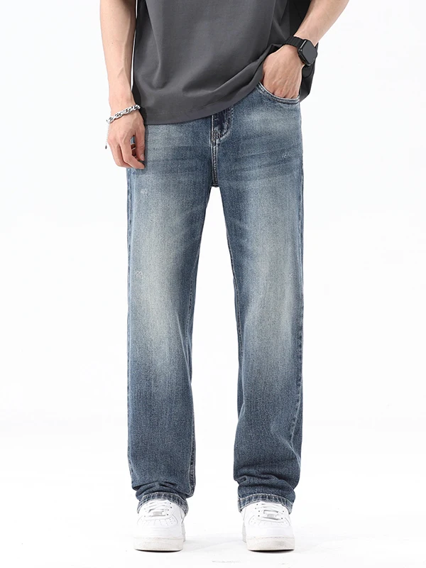 

High Waist Blue Straight Leg Men's Jeans Autumn Winter New Style High Street American Retro Washed Loose Wide Leg Long Trousers