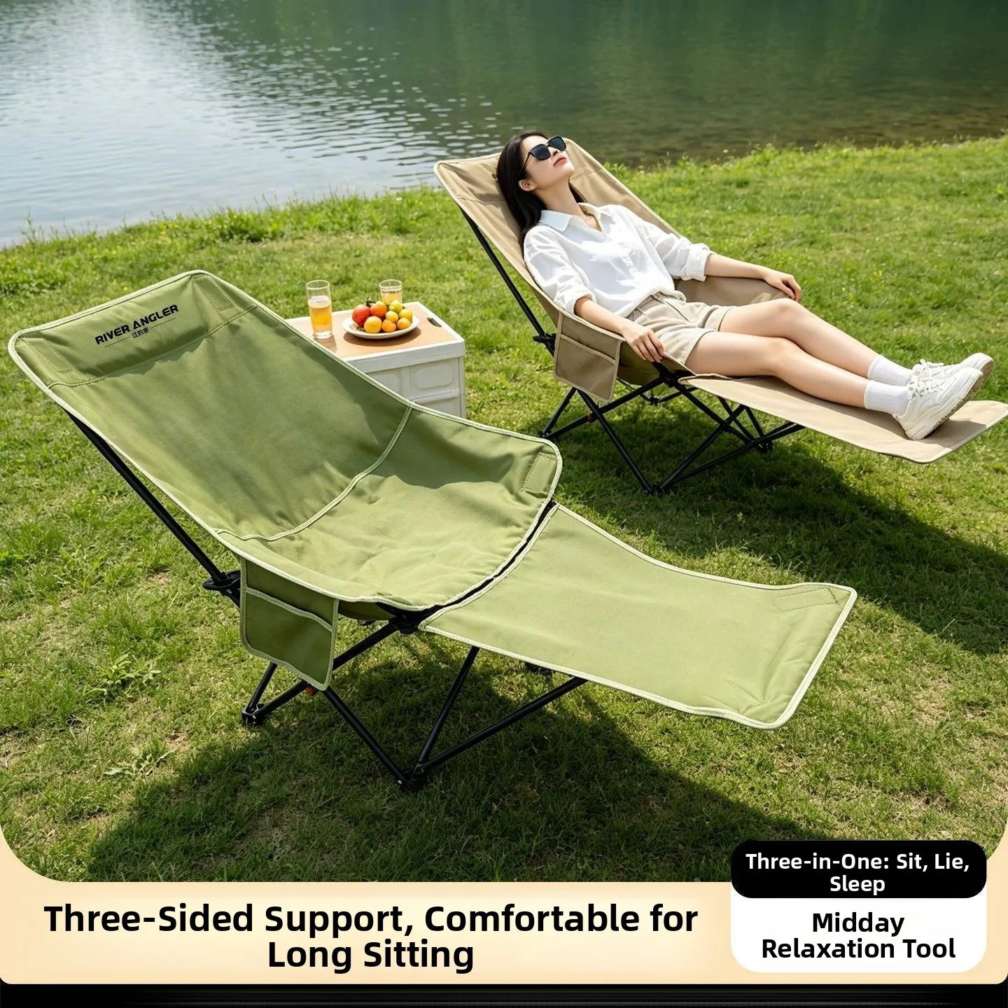 Portable Outdoor Camping Chair Moon Shape Recliner Sofa Bed for Nap Office Napping Leisure Furniture Foldable Oxford Cloth