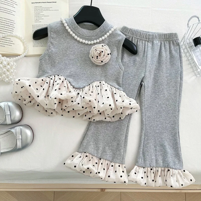 

Children's New Summer Outfit for Girls Baby Heart Print Spotted Patchwork Sleeveless Flared Pants Two-Piece Set
