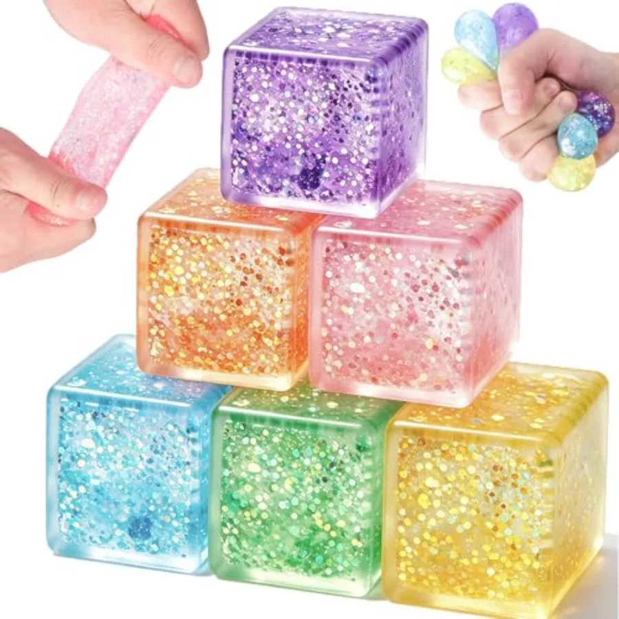 

6 Pack Ice Cube Squishy Stress Balls, Glitter Fidget Cube Squeeze Toys for Adults, Slow Rising Sparkly Sensory Squish Blocks, P