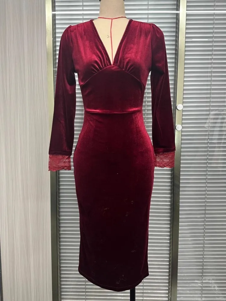 2026 Spring Autumn Winter Dress Women Long Sleeve V-Neck Solid Sexy Elegant Evening Party Skinny Stretch Midi Bodycon Dresses