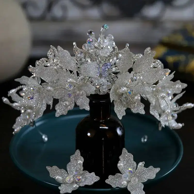 

Crystal Crowns Tiaras Women Wedding Headpiece Princess Bridal Crown Earring Set For Quinceanara Bride Hair Jewelry Headdress