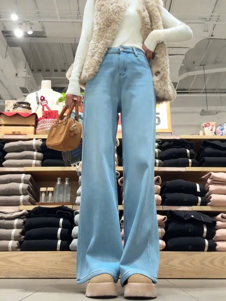 Pantaloni in denim Thi foderati Fce taglie forti Donna Inverno Pera ape Pantaloni larghi a vita alta slim a gamba dritta