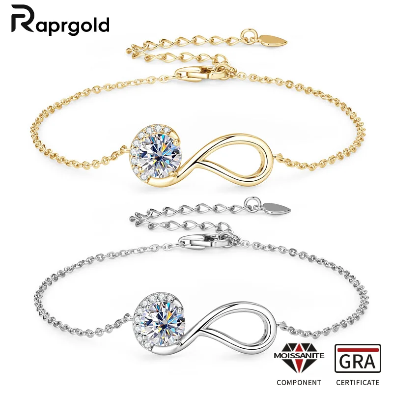 RAPRGOLD GRA Certified 6.5mm Moissanite Round Charm Bracelet for Women 925 Sterling Silver Bracelets Chain Wedding Jewelry Gifts