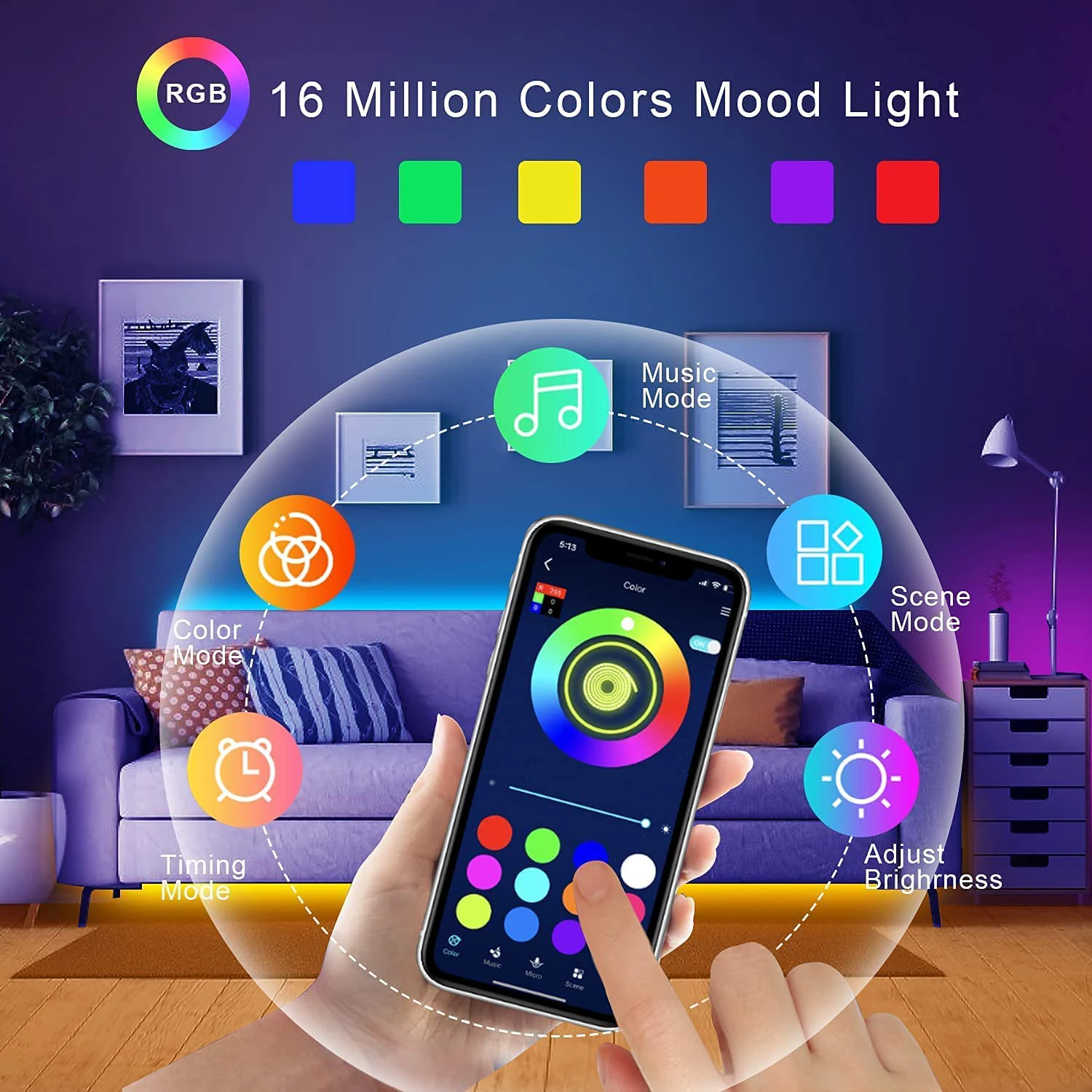 Led Lights for Room RGB Led Strip Lights with Remote and APP Control RGB Tape Flexible Ribbon for Home Bedroom Decoration Party