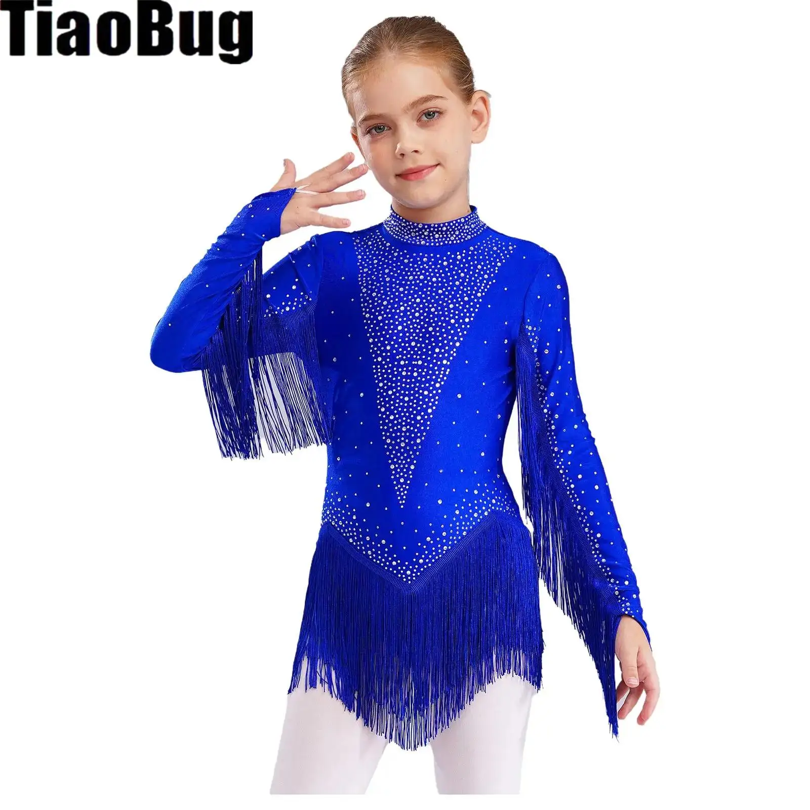 

Girls Tassels Latin Dance Leotard Mock Neck Long Sleeve Rhinestones Fringe Bodysuit Gymnastics Skating Tango Cha-Cha Dance Wear
