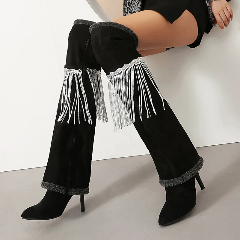 

Lamb Flanked Suede Boots With Brushed Edges Brushed Suede Boots Tassel Decals Zippers Ultra-High Slim Heels Winter Long Boots