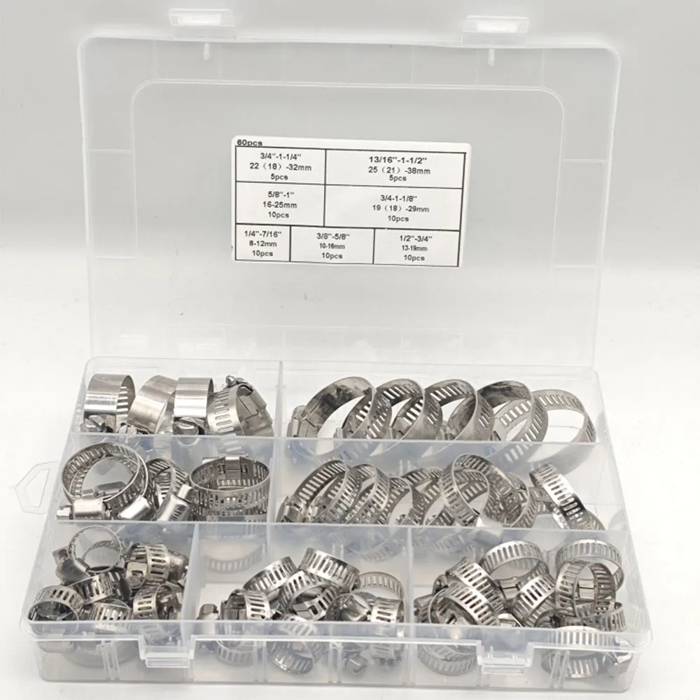 60-teiliges Schlauchklemmen-Set – 1/4''–1-1/2'' Schneckengetriebe-Schlauchklemmen aus Edelstahl 304 für Rohre, Ladeluftkühler, Sanitärleitungen und Kraftstoffleitungen – Detail 1