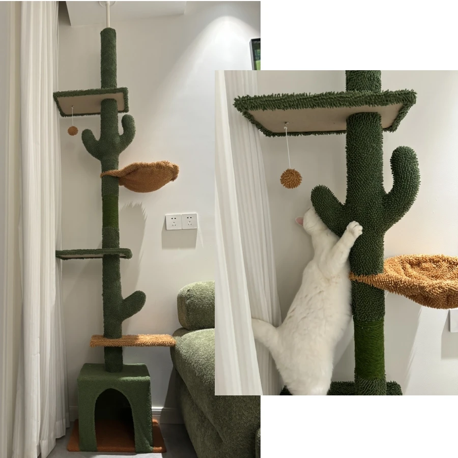 Floor to Ceiling Cat Tree Tower, Tall Climbing Tree with Scratching Post, Hammock with Dangling Ball, Indoor Cat Toys, 5-Layer