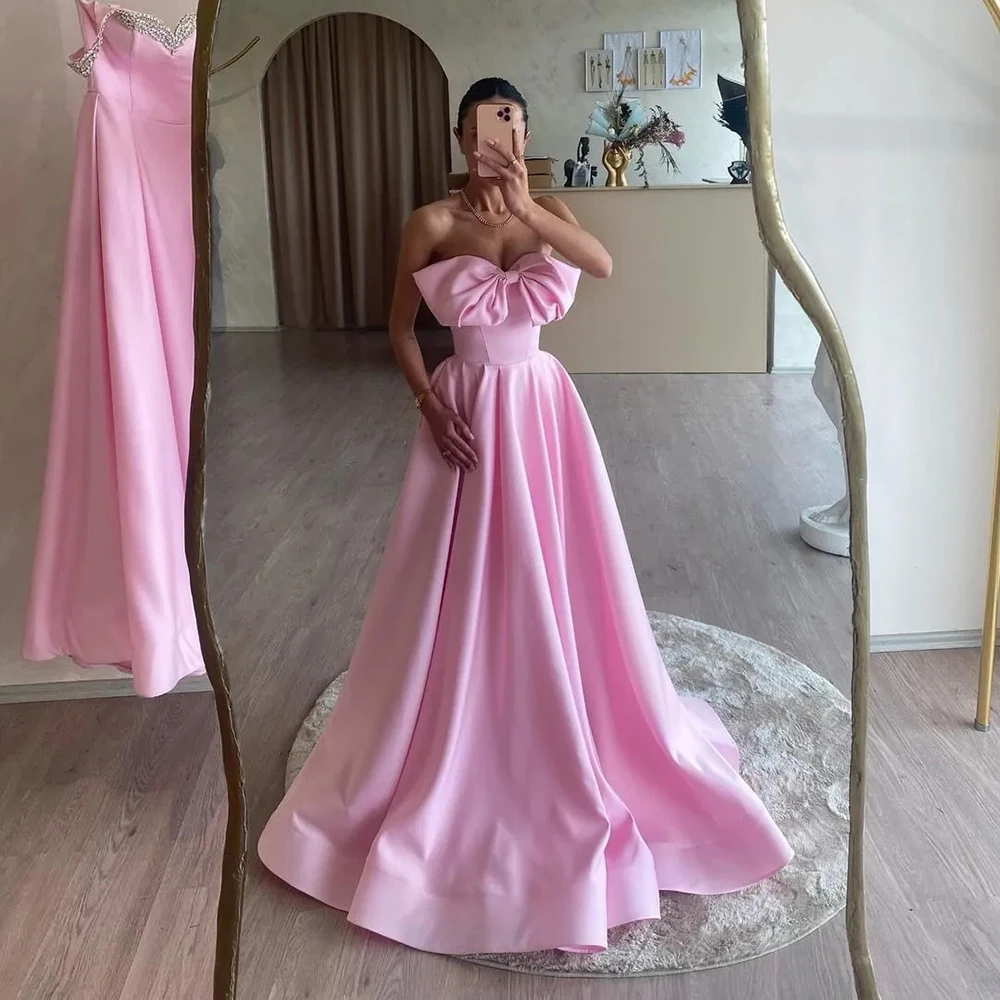 

Yipeisha Simple Pink Strapless Jersey Evening Dresses Bow Sleeveless A-line Ruched Draped Floor Length Formal Pageant Gowns