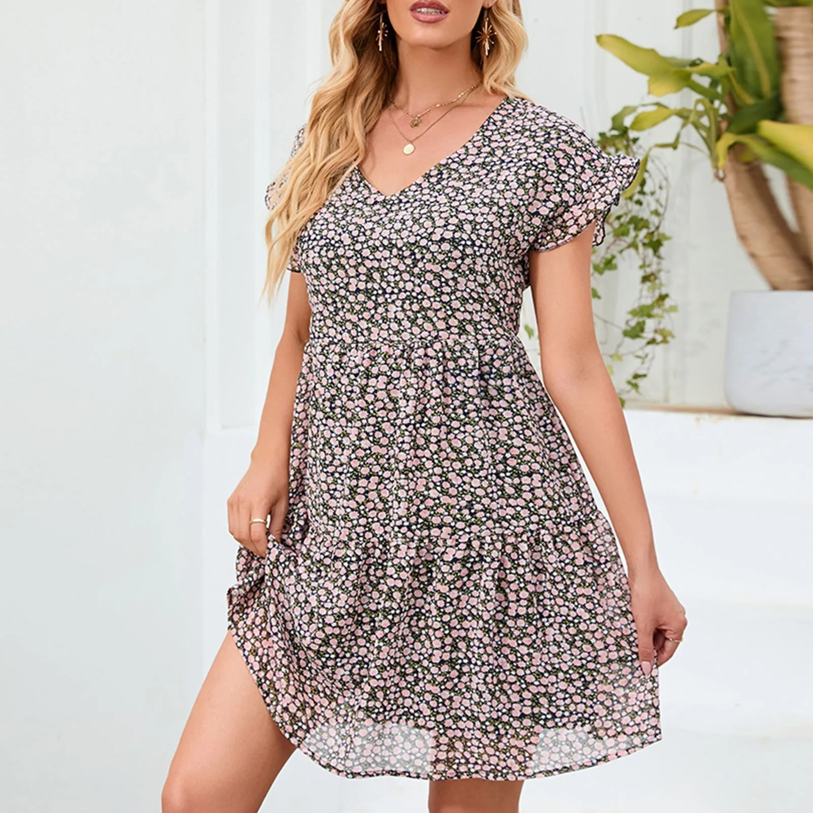 

Boho Floral Mini Dress Women Summer Elegant V-neck Chiffon Dress Female Casual Party Beach Vestidos Tunic Sundress