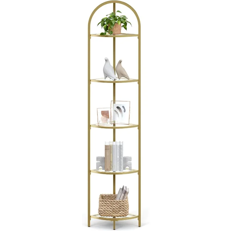 

5-Tier Corner Shelf Stand, Corner Bookshelf, Bathroom Organizer, Plant Stand, Tempered Glass, Steel Frame, Modern Style