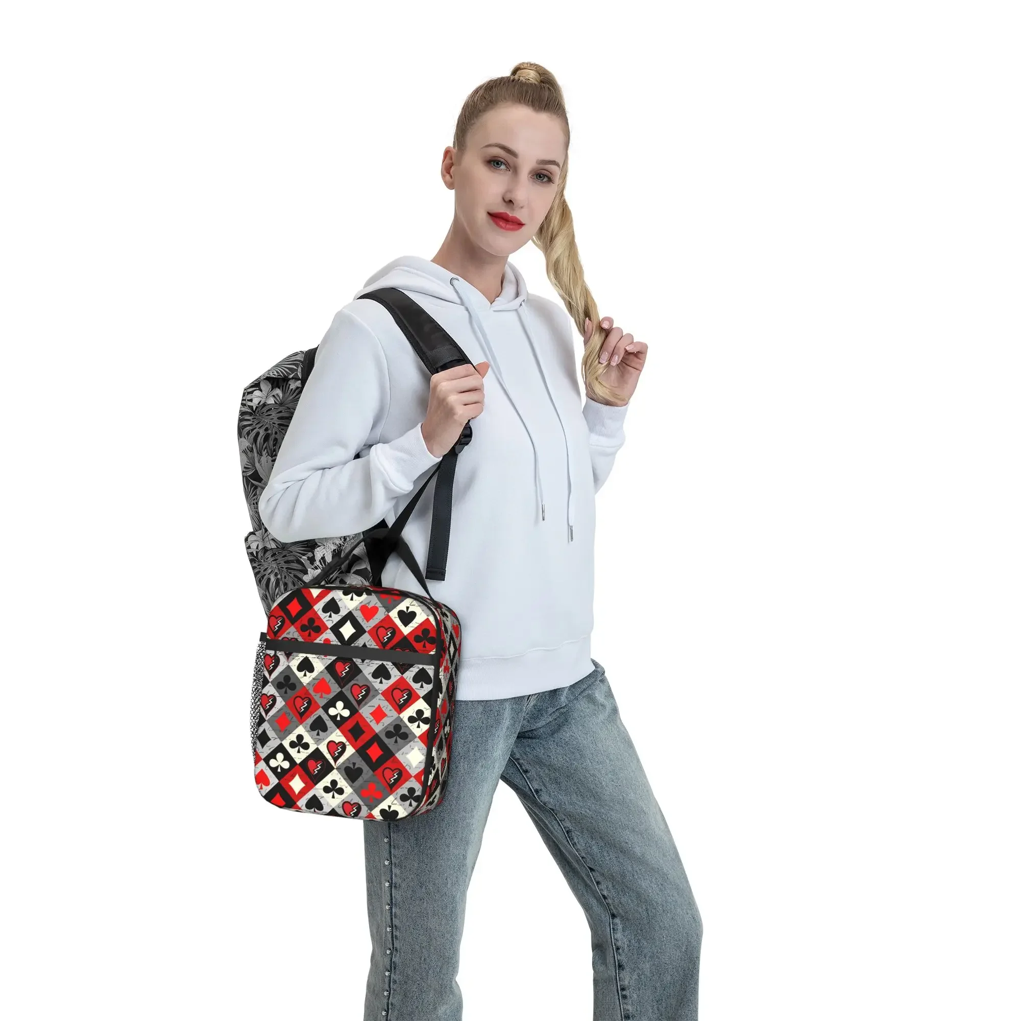 Red Black Card Suit Checker Lunch Bag Fun School Lunch Box Custom Portable Cooler Bag