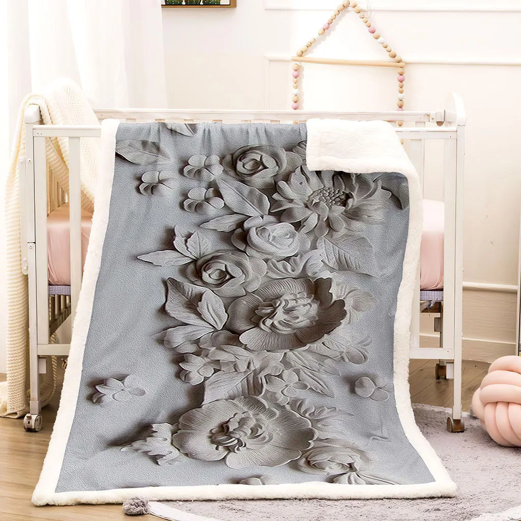 HUANZHUANG Throw Blanket 3D White Flower Sculpture Plush Couch Sofa Throw, Cozy Winter Single Bed Blankets For Kids Printed Pat