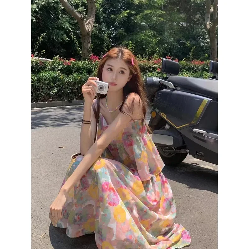 Summer Women's Skirt Suits Fresh Sweet Colorful Floral Camisole Vest Y2k Tops Long Skirt 2pcs Matching Set Seaside Vacation Set