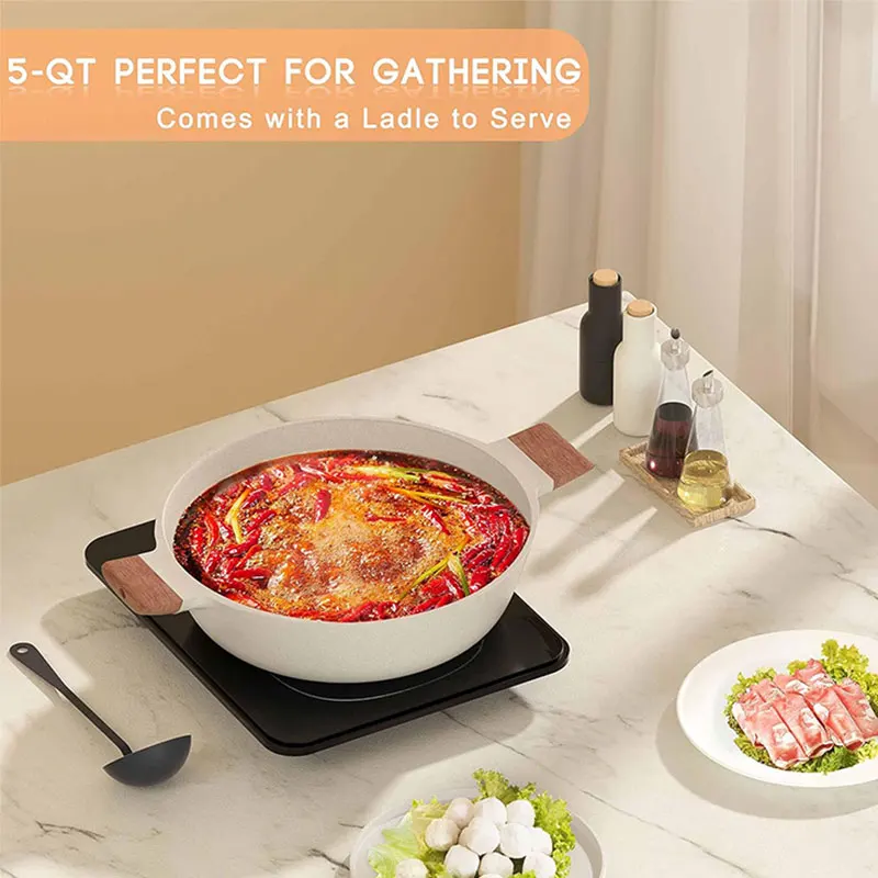 11inch/12inch Nonstick Hot Pot with Temped Glass Lid Aluminum Stock Soup Pot with Heat Resistant Handle Chinese Hotpot