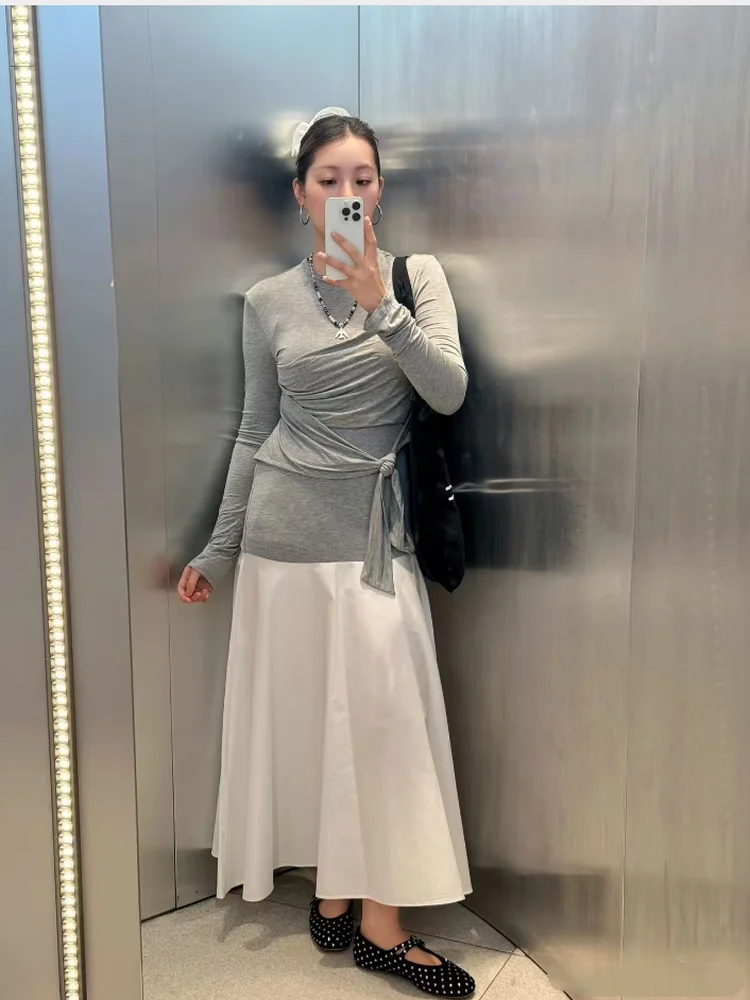 

Весна 2026: Женская приталенная юбка миди с узлом и вставками, круглый вырез, сексуальная повседневная хлопковая юбка А-силуэта для девушек