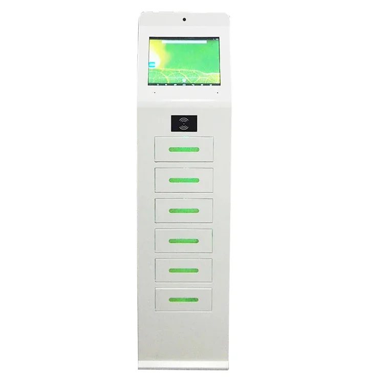 

Bus Station Phone Charging Kiosk With Digital Signage Advertising Player White Metal Phone Storage Charging Locker