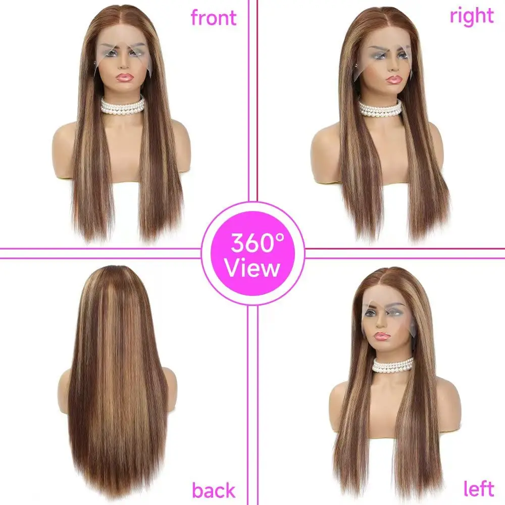 30 Inch Highlight Ombre Lace Front Wig Human Hair 200% Density HD Transparent Blonde 4/27 Long Straight 13x4 Lace Front Wigs