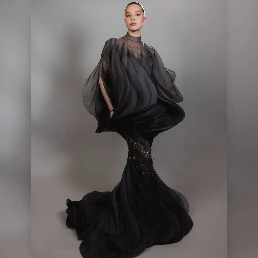 Robe de soirée sirène noire avec perles de cristal, manches chauve-souris à col haut, robe de bal longue en organza transparent, invité de mariage formel