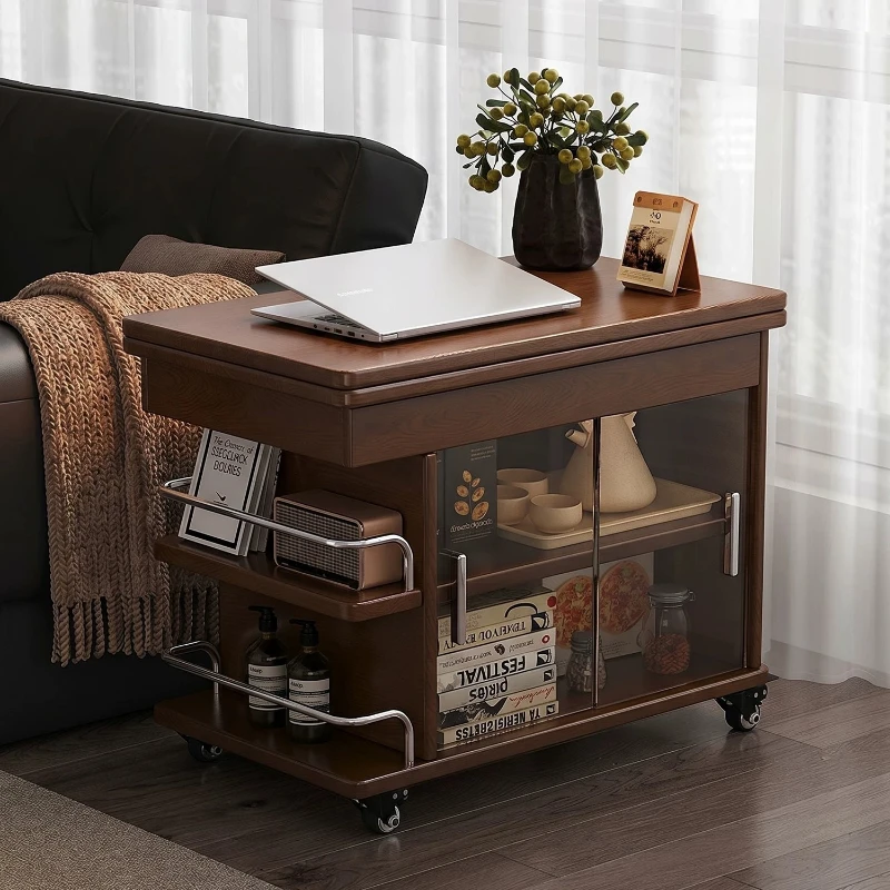 Solid wood liftable small apartment living room household sofa side cabinet movable