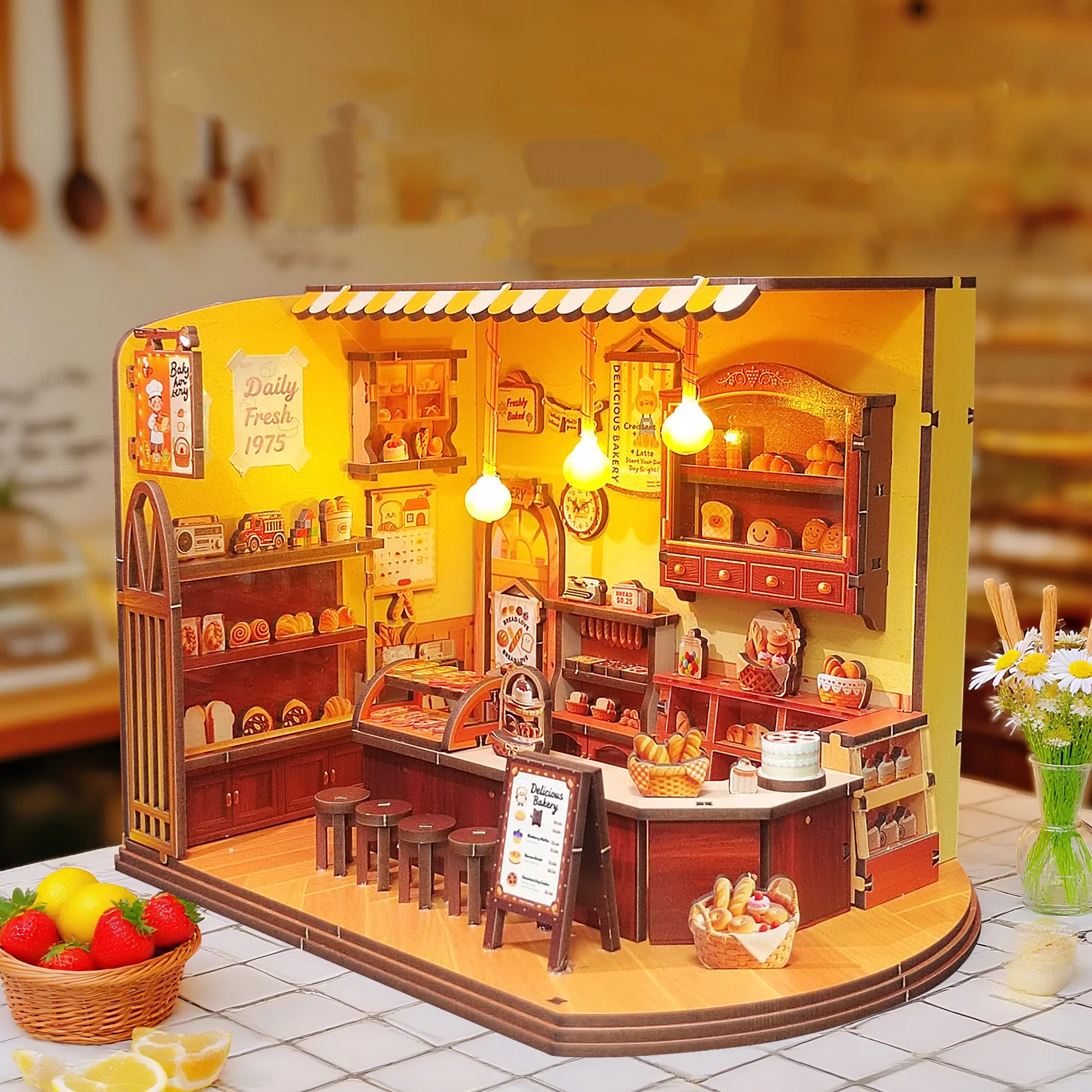 Fai da te Time Bakery Casa Kit modello in miniatura in legno Puzzle 3D Case delle bambole con mobili Casa delle bambole per amici Regali di compleanno