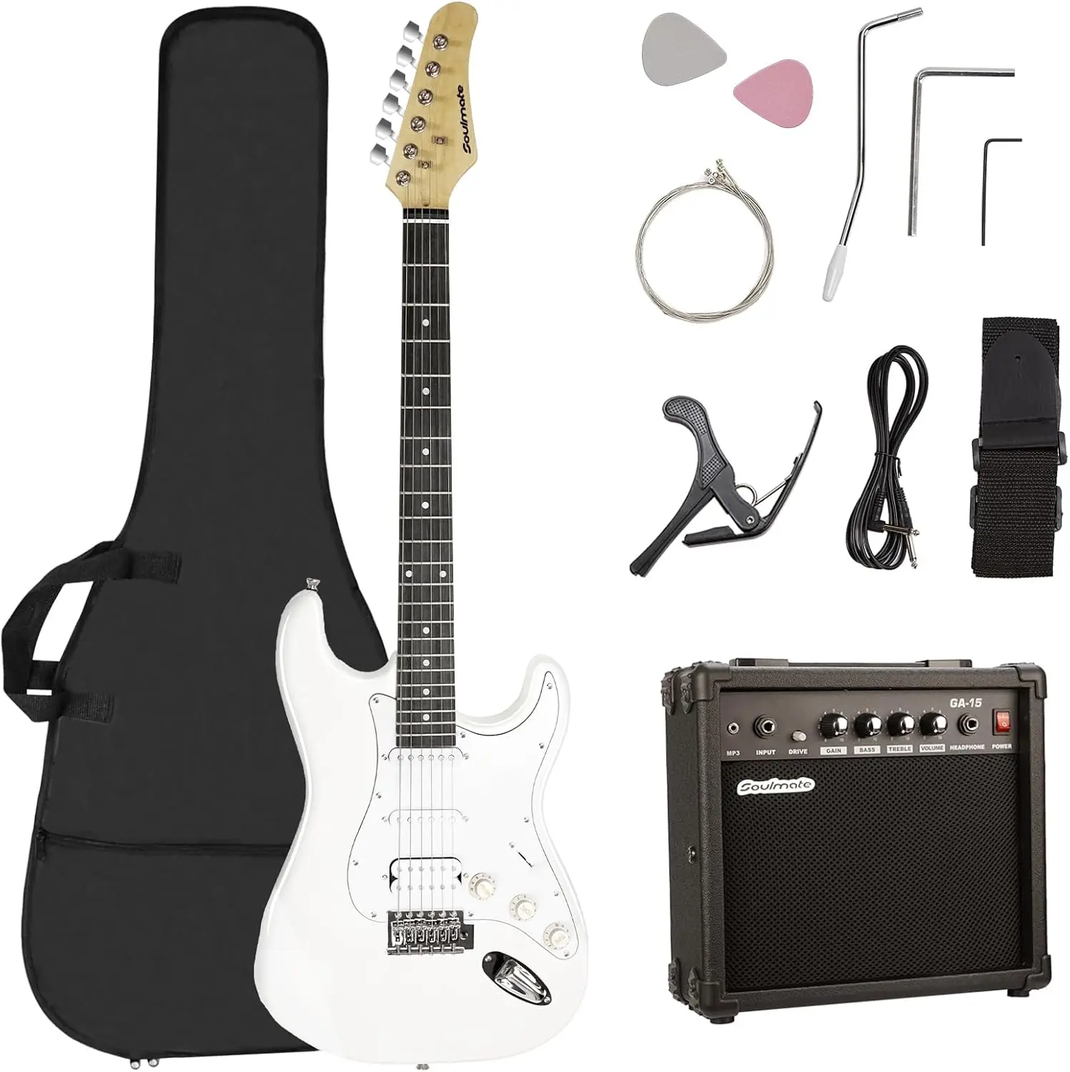 Beginner Electric Guitar Kit, 39" HSS Pickups, 15W Amp, Accessories Included in White