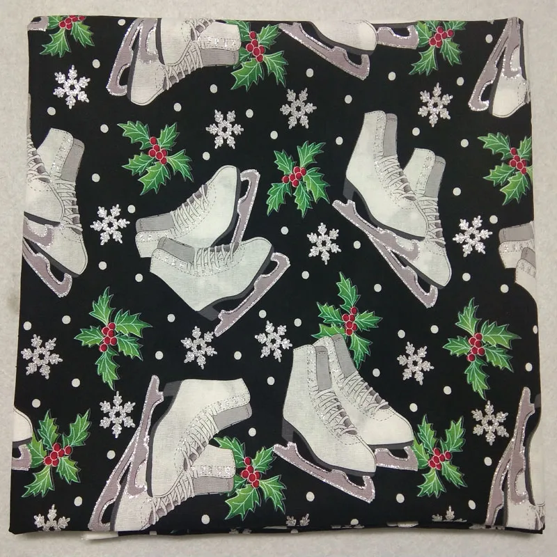 50x105cm Christmas Series Glitter Christmas Snowflake Leaf Skates Printed Cotton Fabric Bling Bling X'mas Patchwork DIY Sewing