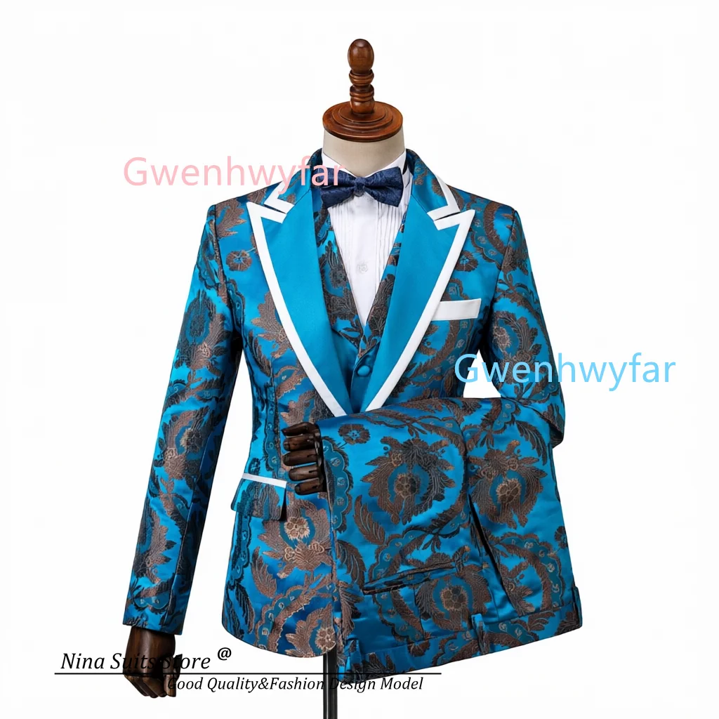 G&N 2026 New Designed Men Pattern Printed Lake Blue Satin Suist for Men Custom Peak Lapel Blazer Slim Vest Pants Wedding Sets