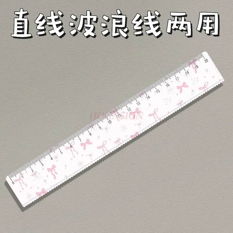1pcs Pink Bow Student Stationery Straight Ruler with Wave Hand Accounting Ruler Drawing Art Student Acrylic 20cm