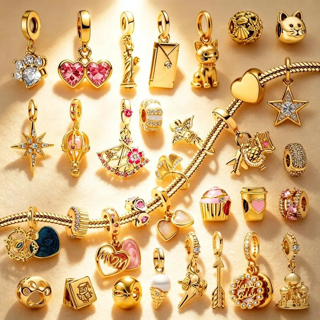 Goldene Original-Charms Funkelnder Nordstern Glühwürmchen Engel Runder Clip Rosa Herzchen Perlen Passend für 925 Silber Armbänder DIY Schmuck Geschenk