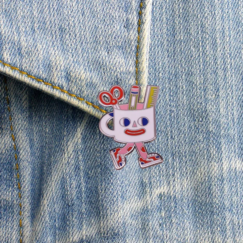 Cute Cartoon Walking Mug Stationary Enamel Pin Cup With Scissors Pencil Ruler Lapel Brooch Badge Backpack Clothes Decor Art Gift